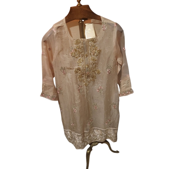 Agha Noor Dresses & Skirts - Agha Noor Pink Peach Floral Silk Chiffon Hand Embroidered Kurta Size Medium New!